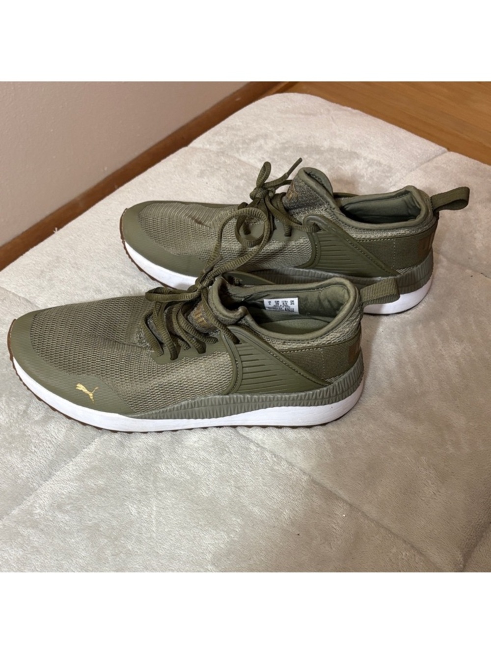 Puma Olive Knit Low-Top Sneakers with White Sole